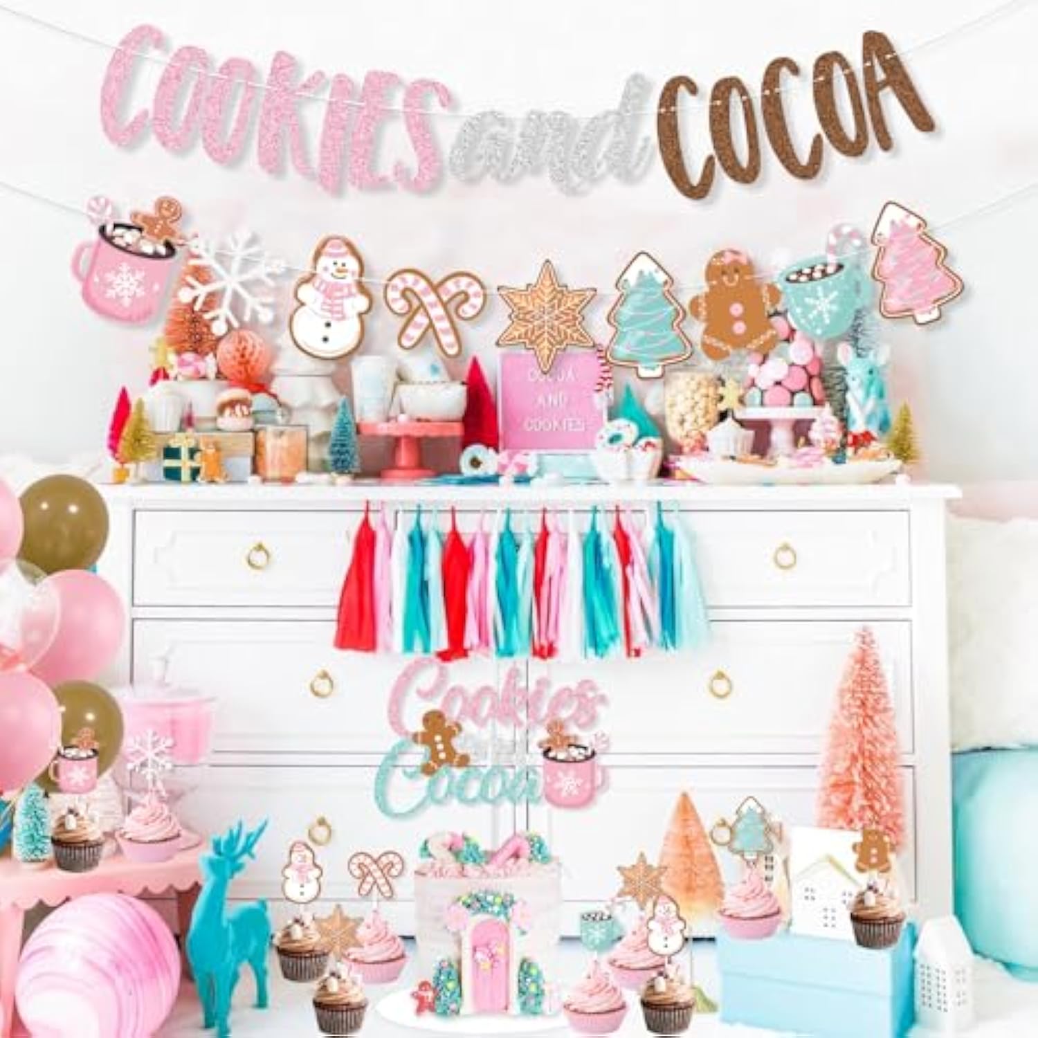 Cookies And Cocoa Party Decorations, Pink Cookies And Cocoa Banner Christmas Gingerbread Man Banner Cake Topper Balloons For Christmas Hot Cocoa Bar Supplies Birthday Party Decorations