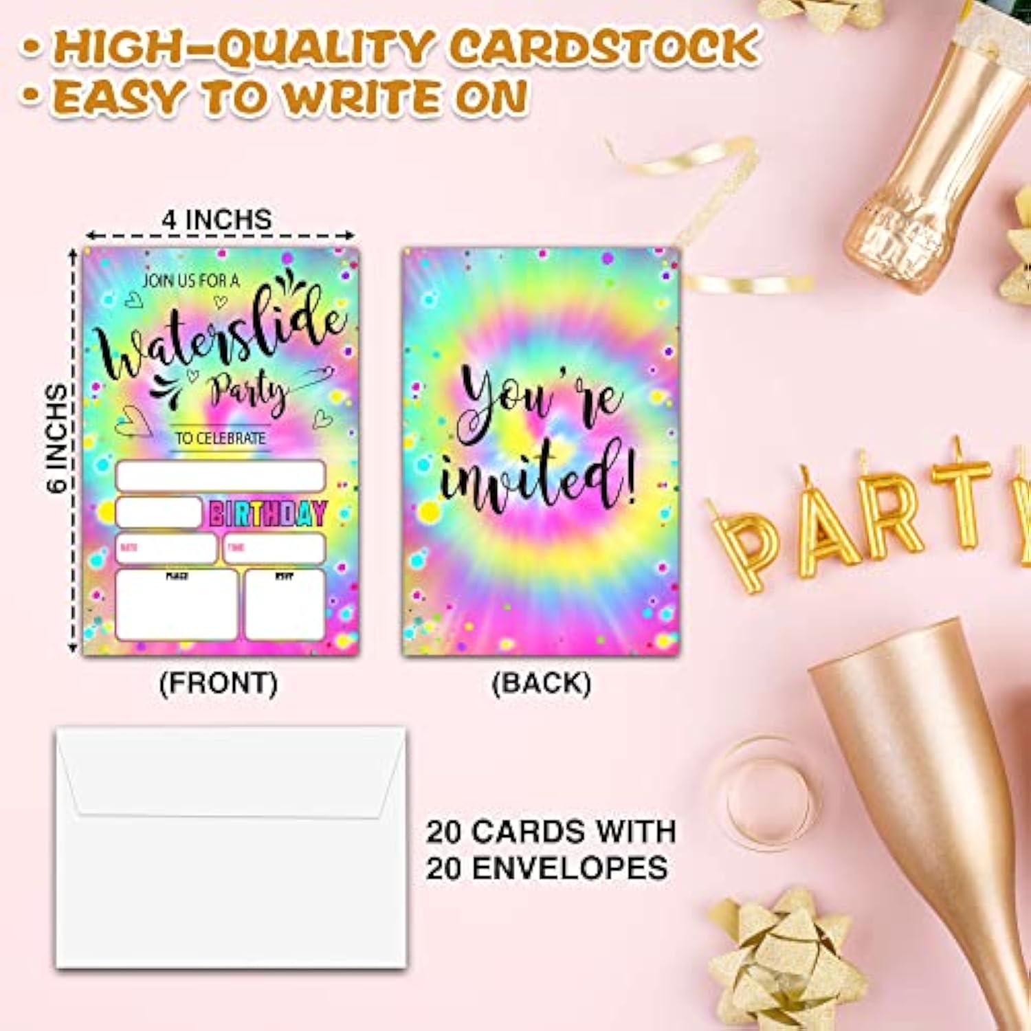 Waterslide Birthday Party Invitations, Summer Pool Birthday Invitation, Double-Sided Tie Dye Themed Fill In Invites, Kids Splash Birthday Party Decorations, 20 Cards With 20 Envelopes(C04)