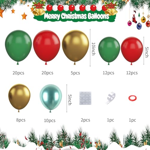 Christmas Balloon Garland Arch Kit, Red Green Gold Balloons with Bell Candy Cane Gingerbread Man Gold Explosion Star Foil Balloons for Christmas Party Decorations New Year Celebration