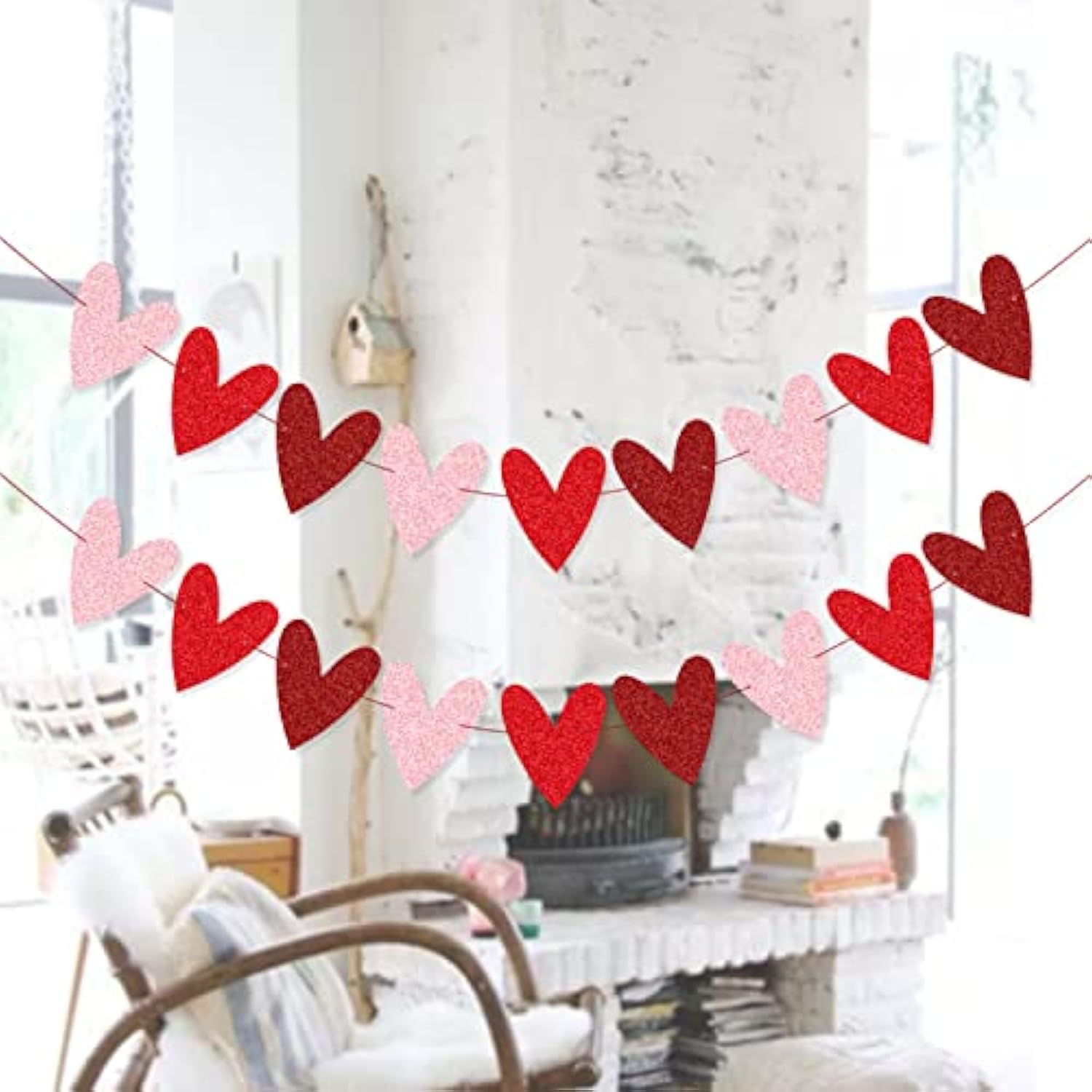 2 Pack Glittery Heart Banner Garland Valentines Day Decorations Pre-St