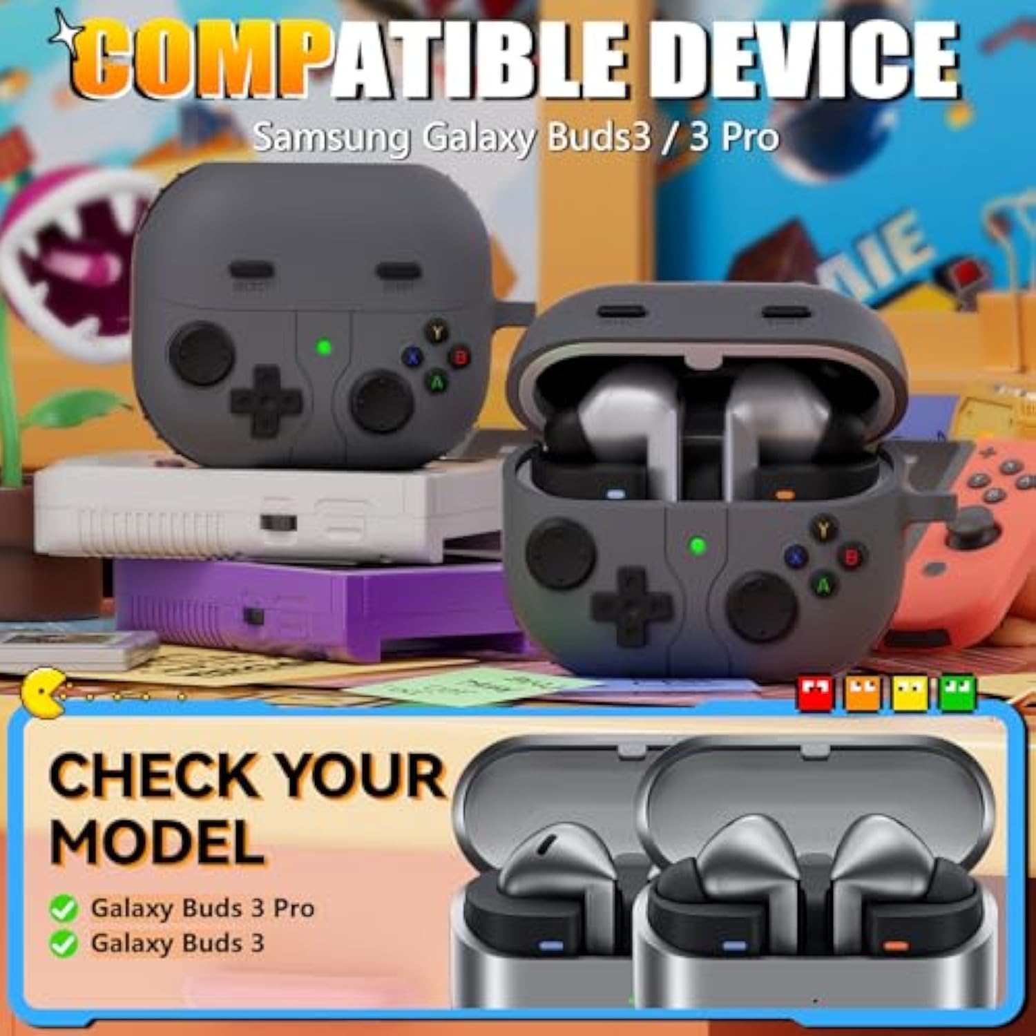 Classic Game Case For Samsung Galaxy Buds 3 Case & Galaxy Buds 3 Pro Case, Soft Silicone Game Player Design With 3D Button Case Cover For Samsung Buds Pro 3 For Men With Cleaner Kit - Dark Gray