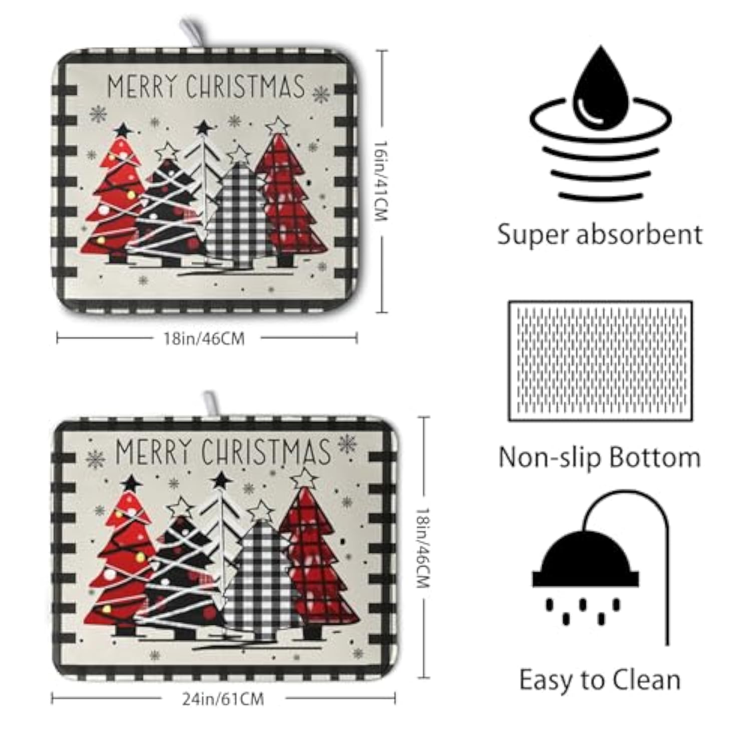 Christmas Trees Kitchen Dish Drying Mat 18X24 Inch Merry Christmas Black White Buffalo Plaid Dish Drainer Mat Absorbent Reversible Microfibe Drying Dish Pad For Winter Kitchen Counter Decor