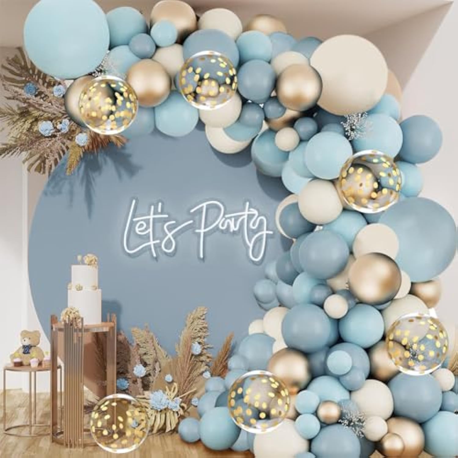 Dusty Blue Balloon Arch Kit, Dusty Baby Blue Balloons Arch Kit With Metallic Gold Sand White Gold Confetti Balloons For Wedding Bridal Shower Boy Birthday Party Baby Shower Decorations