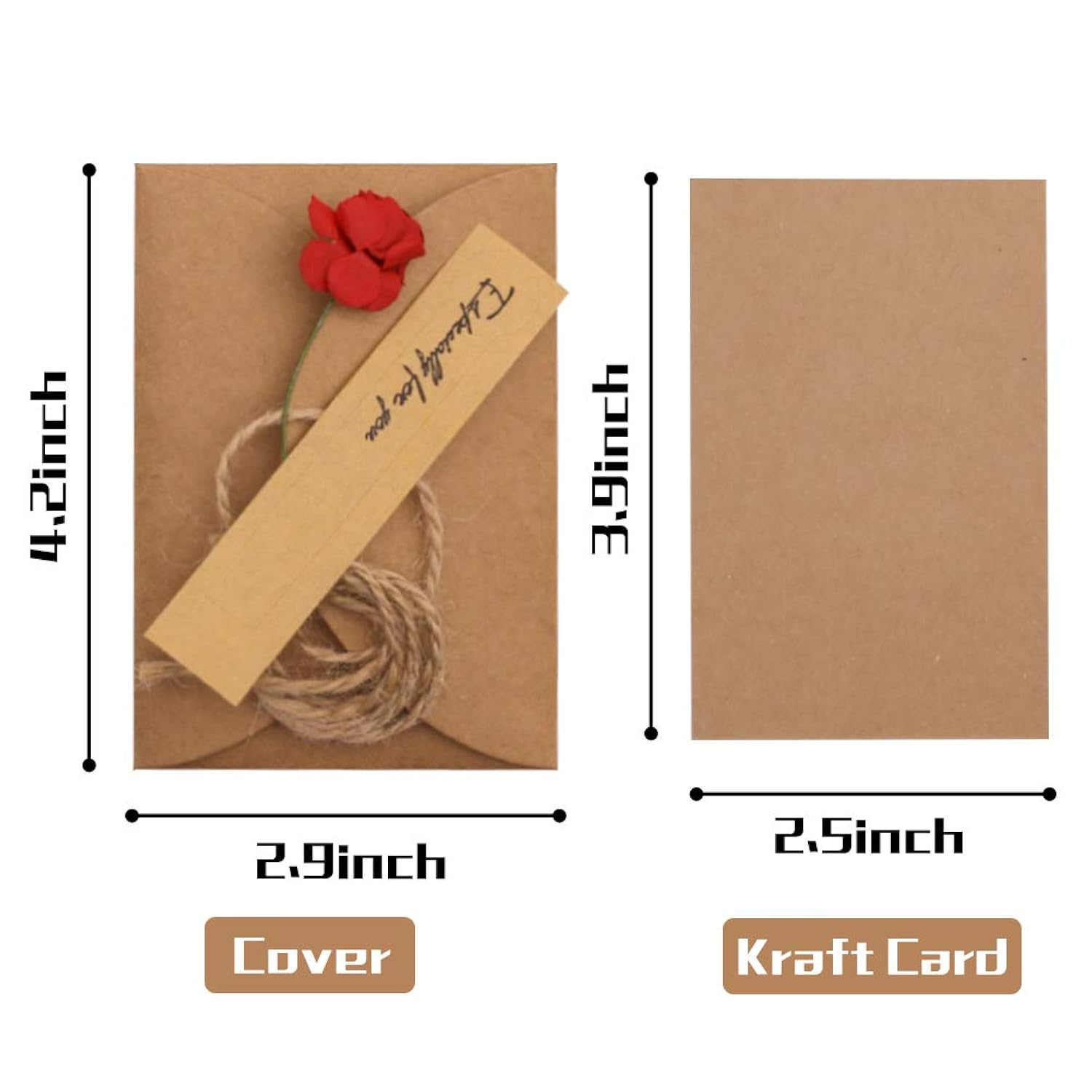 50Pcs Brown Gift Card Envelopes With Dried Flowers- 4.2" X 2.9" Mini Envelops With Heart Clasp For Women, Wedding,Birthday, Baby Showers, Invitation Wish Card, Graduation
