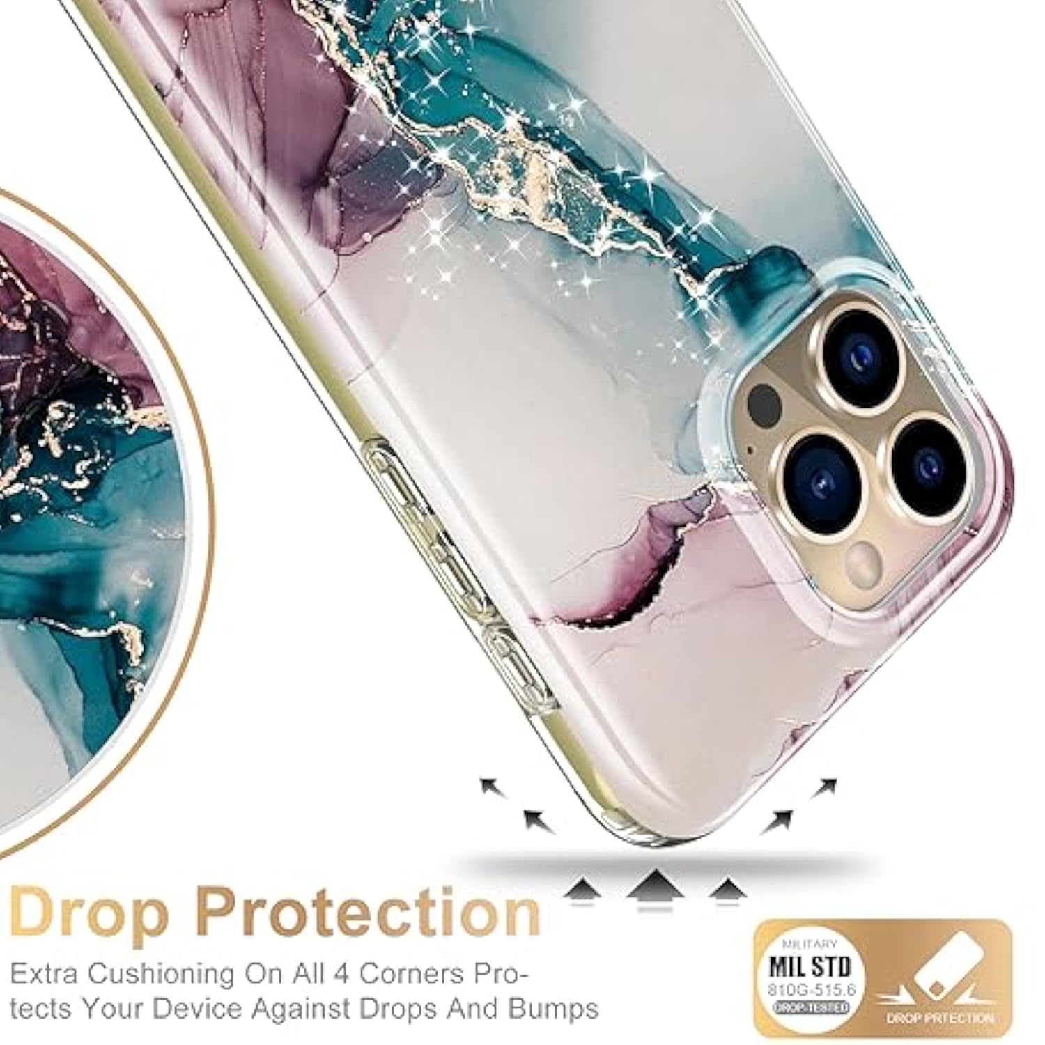 For Iphone 15 Pro Max Case With Built-In Screen Protector,Durable Cover With Fashionable Designs For Women Girls,Protective Phone Case 6.7" Turquoise Pink Marble