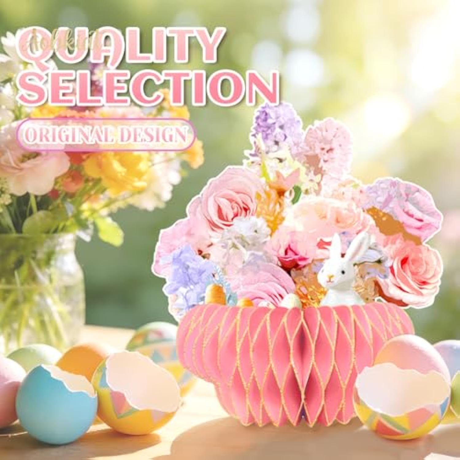 Easter Party Decorations,Paper Honeycomb Vase With Bouquet Print Card,Glitter Edge,Easter Bunny Eggs Decor,For Table Centerpieces Home Decoration