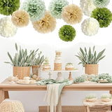 Sage Olive Green Tissue Paper Pom Poms,Hanging Olive Green Tan Paper Flowers For Bridal Baby Shower Woodland Wild Jungle Birthday Party Decorations,12Pcs