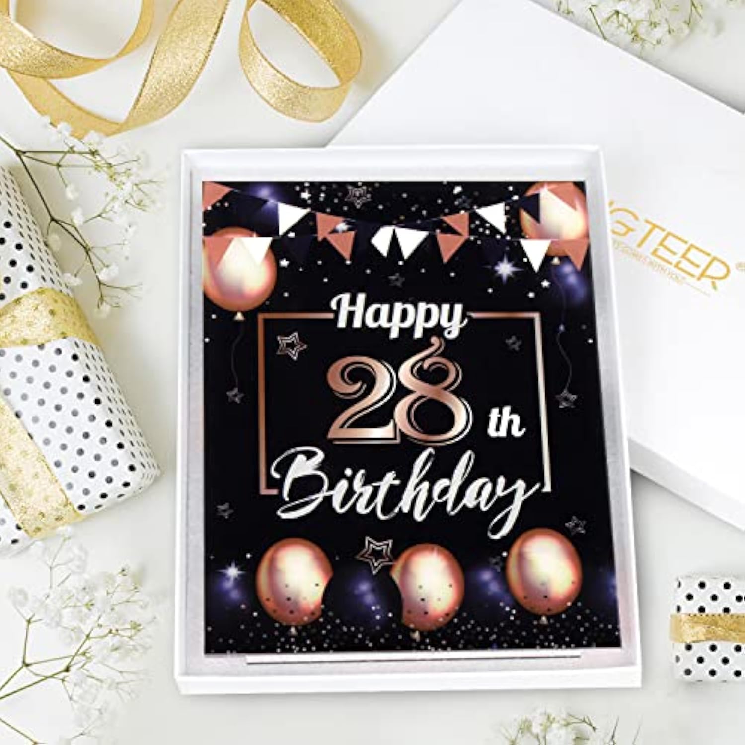 Happy 28Th Birthday Black & Gold Balloon Acrylic Table Poster Centerpi