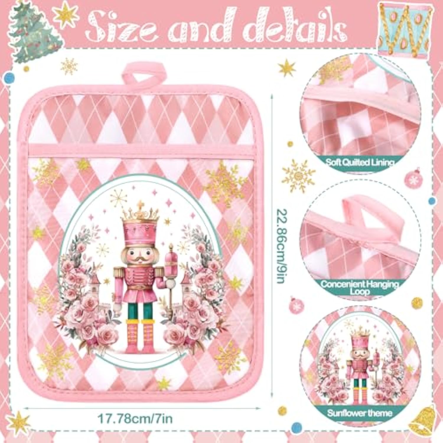 12 Pcs Christmas Pot Holders With Pocket Pink Nutcrackers Pot Holders For Kitchen Xmas Tree Hot Pads And Oven Mitts Pot Holders Winter Oven Glove For Cooking Baking Home Christmas Decorations