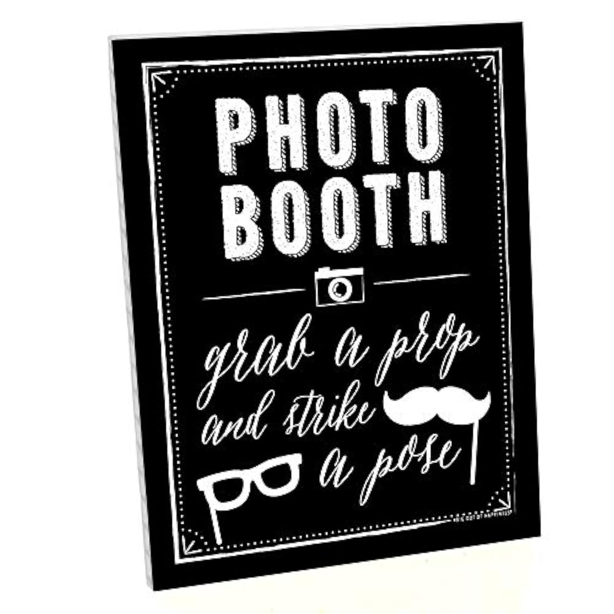 Big Dot of Happiness Photo Booth Sign with Stand – Festive & Durable Plastic Display – Indoor & Outdoor Party Decoration – 10.5” x 13.75”