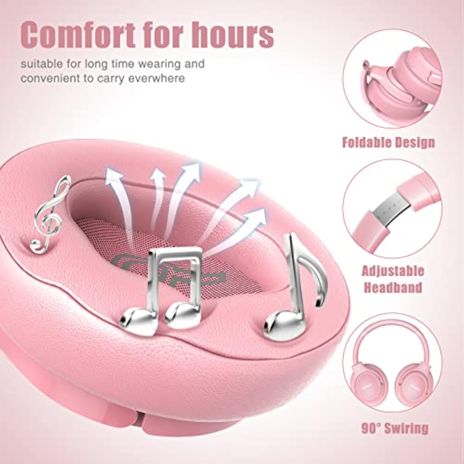 Bluetooth Wireless Headphones Over Ear, 65H Playtime And 6 Eq Music Modes With Microphone, Hifi Stereo Foldable Lightweight Headset, Deep Bass For Home Office Cellphone Pc Etc.(Pink)