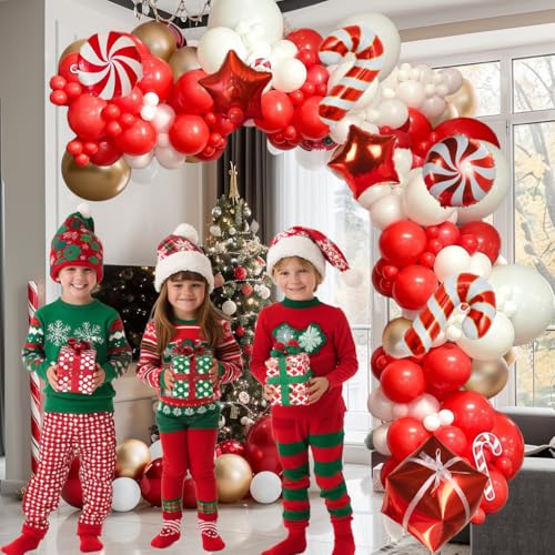 139PCS Christmas Balloon Arch Kit, candy christmas Balloon Garland Includes Red White Golden Balloons Candy Cane Balloons for Birthday, Wedding, Engagements, Baby Shower, Christmas Party Decorations