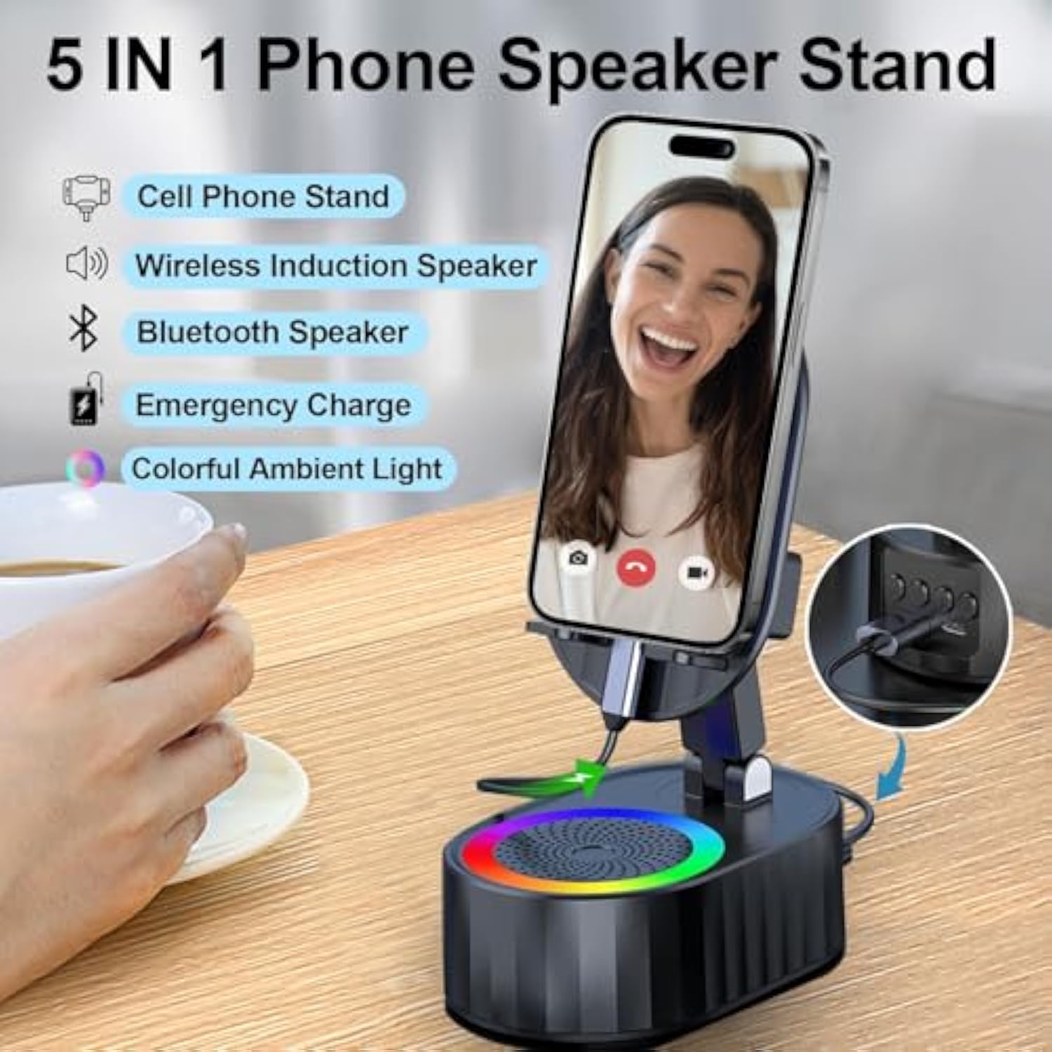 Wireless Induction Audio Bluetooth Speaker 5In1 Phone Holder Emergency Rechargeable (3000Mah) With Colorful Ambient Light 300° Foldable For Tablet Iphone Android, Gifts For Men Women (Black)
