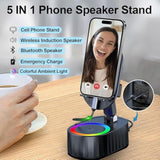 Wireless Induction Audio Bluetooth Speaker 5In1 Phone Holder Emergency Rechargeable (3000Mah) With Colorful Ambient Light 300° Foldable For Tablet Iphone Android, Gifts For Men Women (Black)