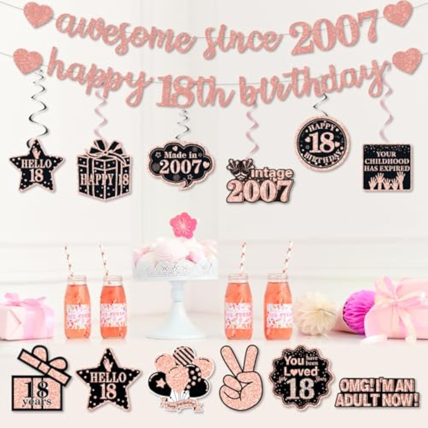 Pre-Strung 18Th Birthday Banner Decorations For Girls, Glitter Happy 18Th Birthday Decor, Rose Gold Eighteen Years Bday Hanging Swirls Party Supplies