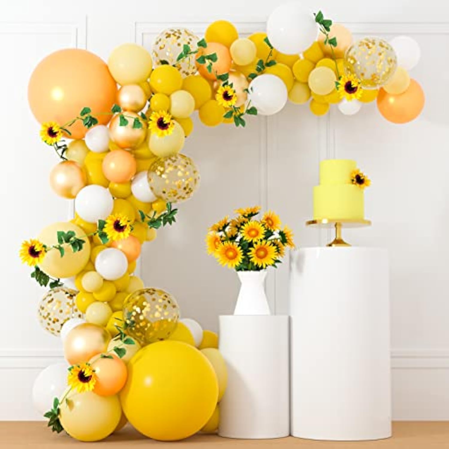 118 Pack Balloon Garland Arch Kit - 18, 12, 10, 5 Inch Yellow, Gold, White Balloons With Sunflower Vine - Baby Shower Decorations For Girl, Boy, Bee Birthday, Wedding, Party Supplies