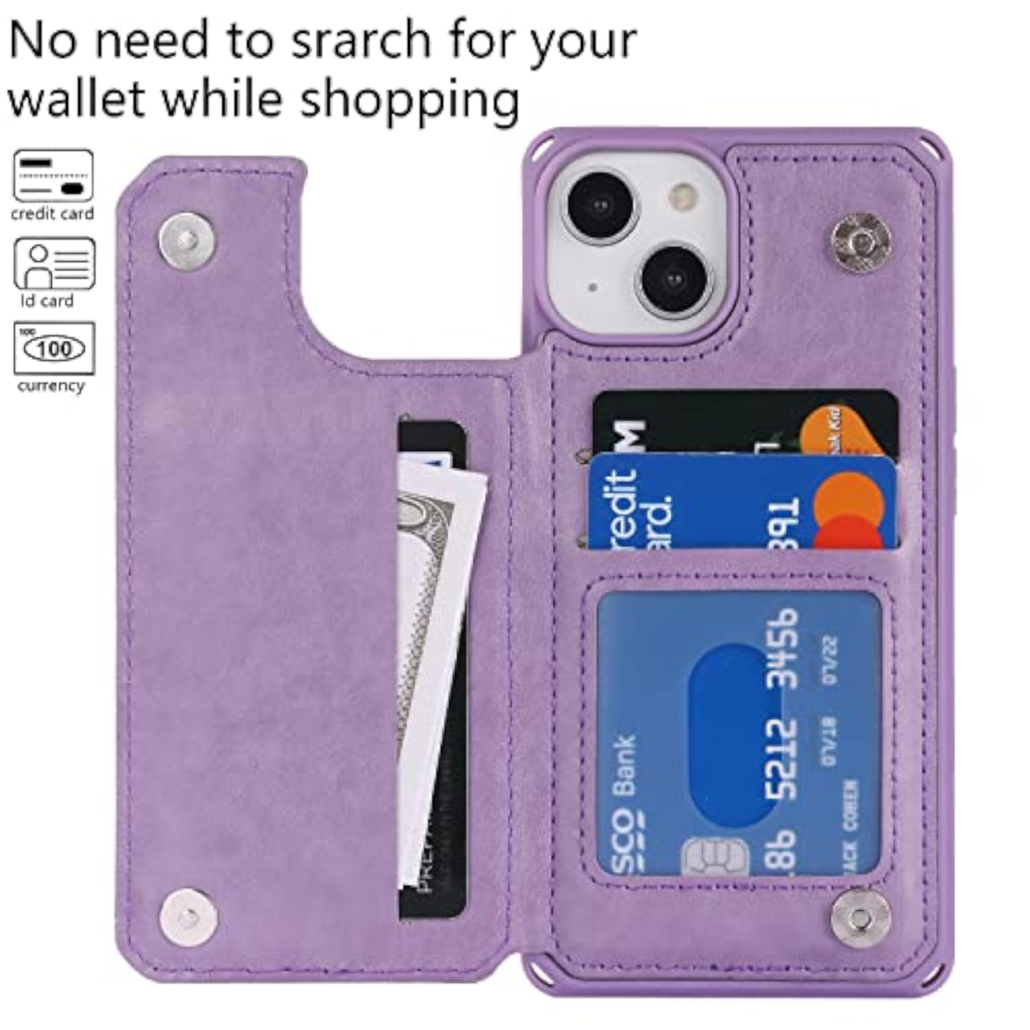 For Iphone 14 Case With Card Holder,For Iphone 14 Wallet Case For Women,Phone Cases For Iphone 14 With Stand,For Iphone 14 Leather Case Strap Shockproof Cover For Men-Purple