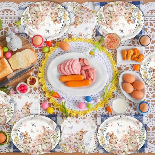 100Pcs Easter Plates, Easter Plates and Napkins includes 50pcs Oval Easter Paper Plates and Easter Napkins, Bunny Rabbit Disposable Easter Plate and Napkin for Happy Eater Decorations