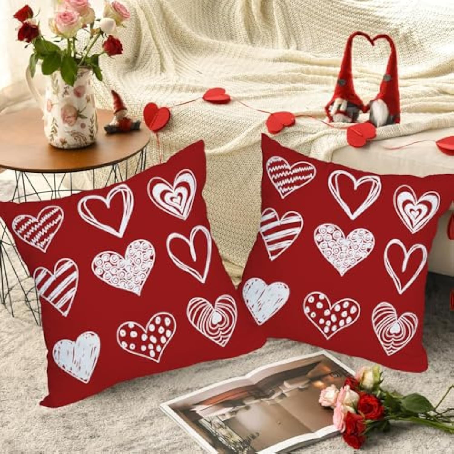 2 Pack Waterproof Outdoor Valentines Day Pillow Covers 24X24 Inch White Red Love Heart Holiday Throw Pillow Cases Romantic Valentine Farmhouse Decorations Cushion Cover Double Sided