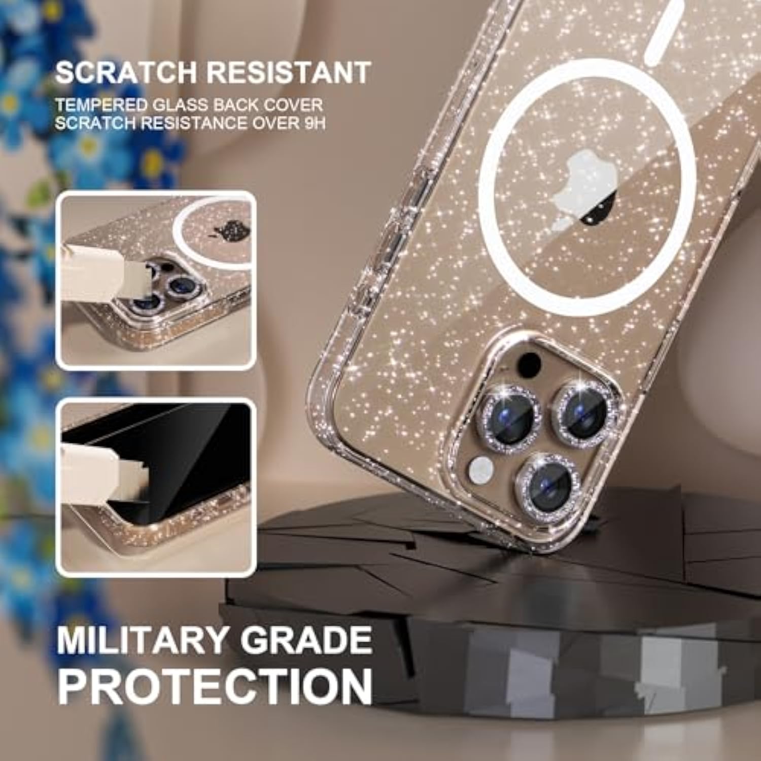iPhone 16 Pro Magnetic Case Clear Glitter with Screen & Camera Protectors