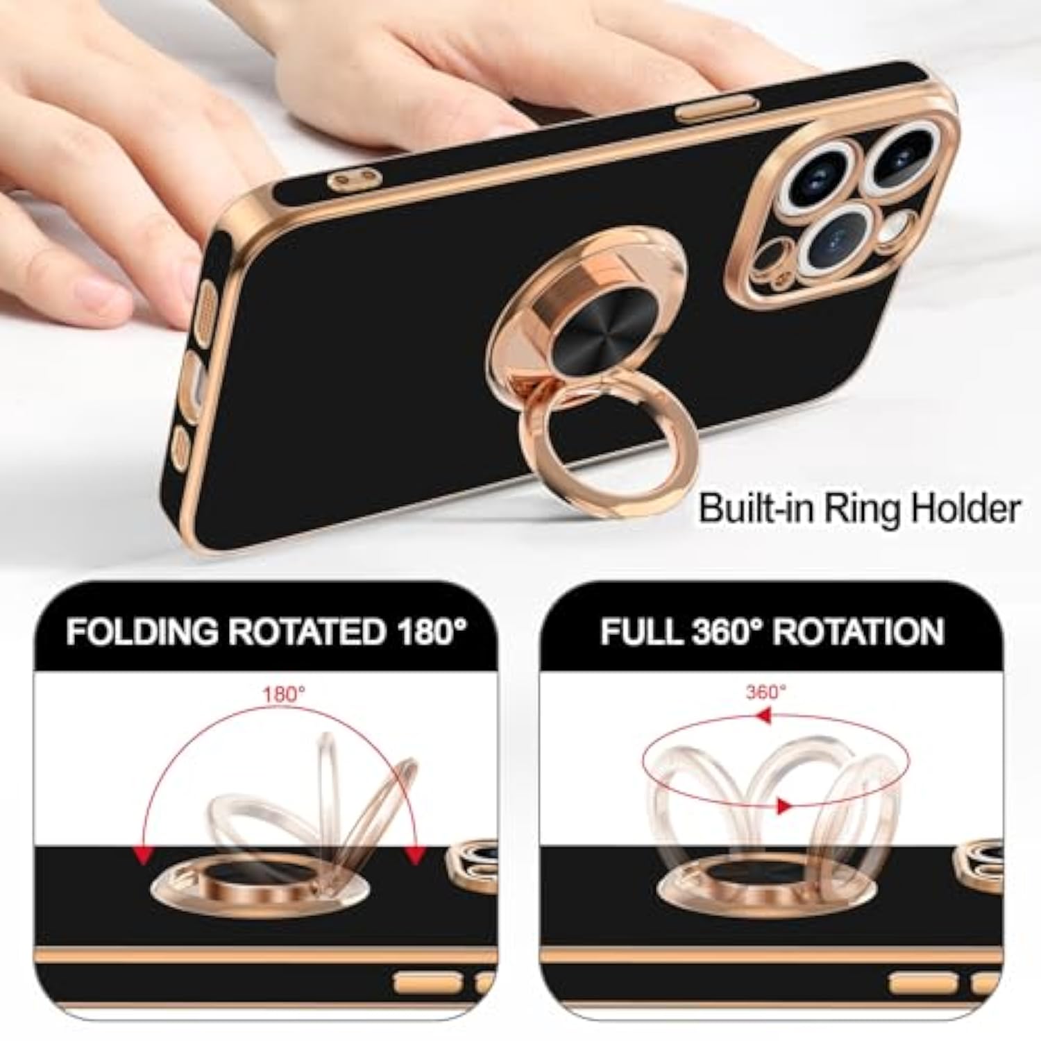 For Iphone 15 Pro Case With Ring Stand, 360° Rotatable Ring Holder Magnetic Kickstand, Plating Rose Gold Edge Soft Cover Luxury Protective Phone Case For Iphone 15 Pro 6.1"?, Black