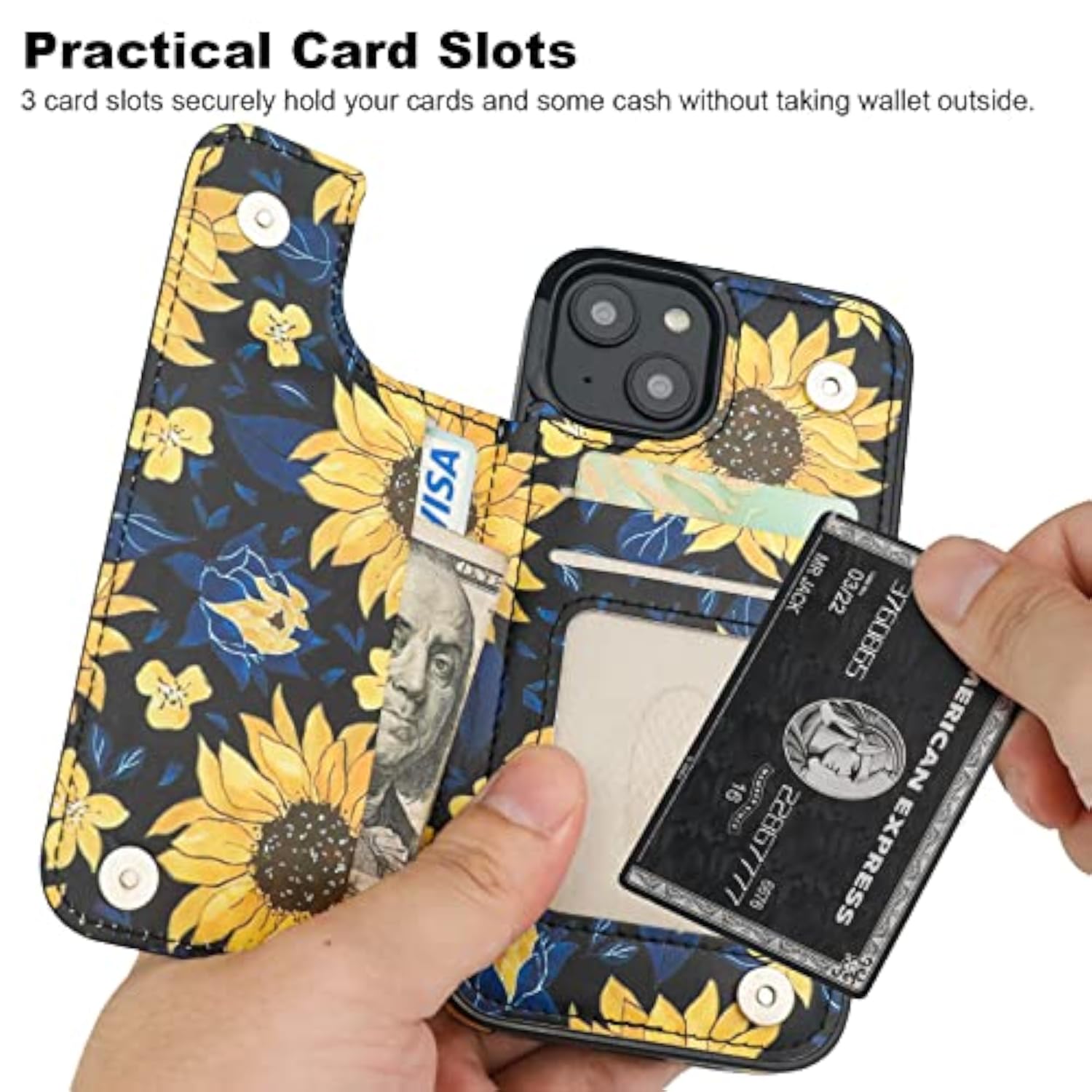 Wallet Case Card Holder for iPhone 13 Mini, Blooming Sunflowers - 3 Card Slots, Stand Function, Protective Cover
