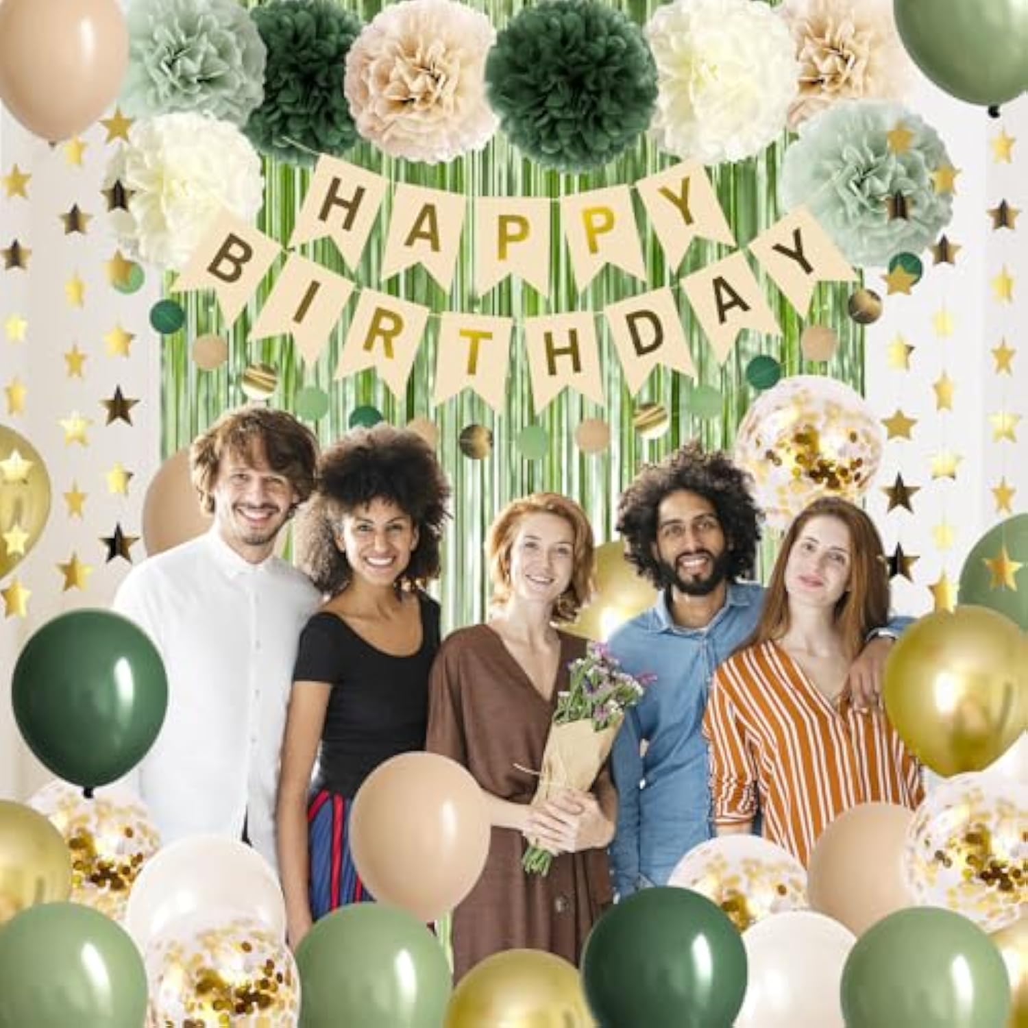 Sage Green Birthday Decorations Olive Green Happy Birthday Party Decorations Nude Retro Gold Balloon Banner Paper Pom Poms Greenery Neutral Rustic Décor Supplies Baby Girls Women