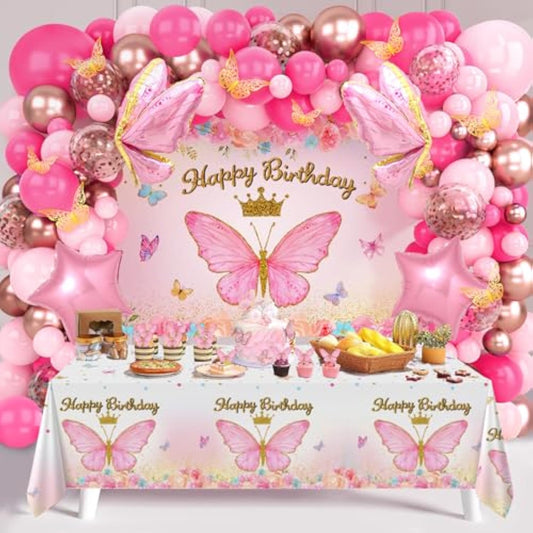 Pink Balloon Arch Kit With Foil Butterfly Balloons, Happy Birthday Backdrop & Tablecloth Decorations For Girl'S Party - 106 Supplies
