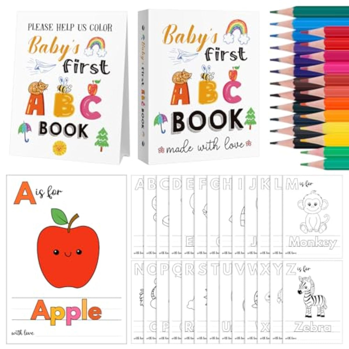 Baby'S First Abc Book With 24 Colored Pencil, Baby Shower Keepsake Game Activity, Alphabet Coloring Guest Book, Alphabet A To Z Coloring Cards Interactive Keepsake For Guests(Mixed)
