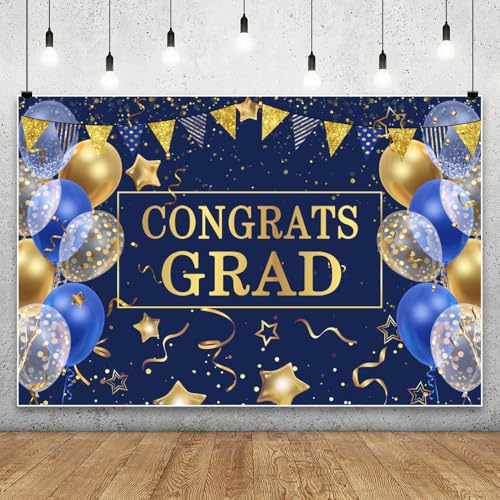 10x8ft Blue Graduation Backdrop Congrats Grad Class of 2026 Backdrop for Photography Graduation Party Decorations with Balloons Background Cake Table Banner Decor Photo Booth Props