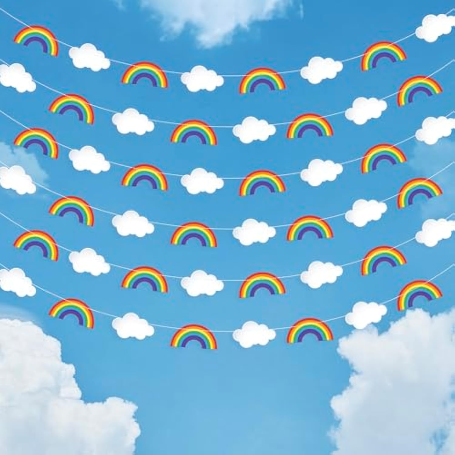 , Hanging Rainbow Cloud Garland - 10 Feet, Pack Of 6, Pre-Assembled | Clouds Garland For Rainbow Party Decorations | Happy Birthday Decoration | Classroom Decor