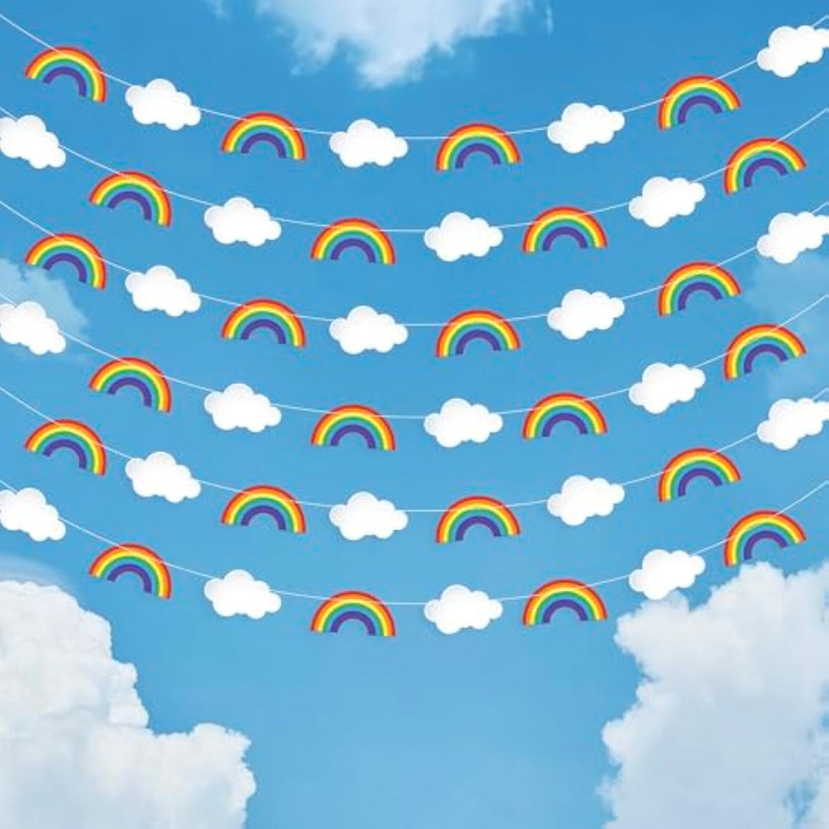 , Hanging Rainbow Cloud Garland - 10 Feet, Pack Of 6, Pre-Assembled | Clouds Garland For Rainbow Party Decorations | Happy Birthday Decoration | Classroom Decor