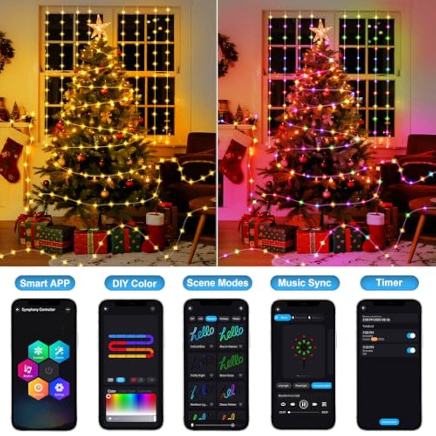 Color Changing 16Ft 50Led Smart Fairy Lights With Music Sync App Remote Control,Usb/Battery Operated Waterproof Timer St
