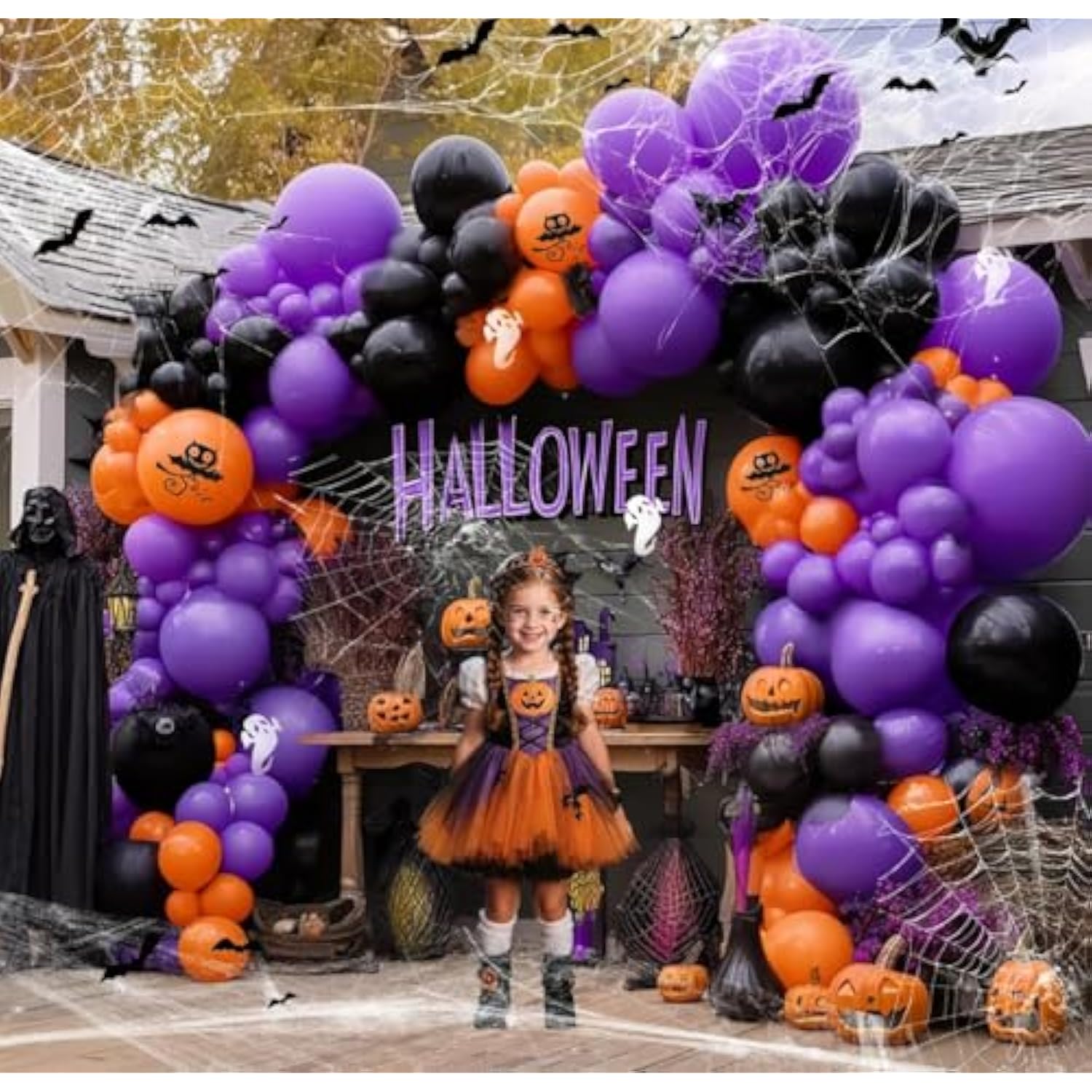 Halloween Balloon Arch Garland Kit with Ghost Bat Balloons Black Purple Orange Party