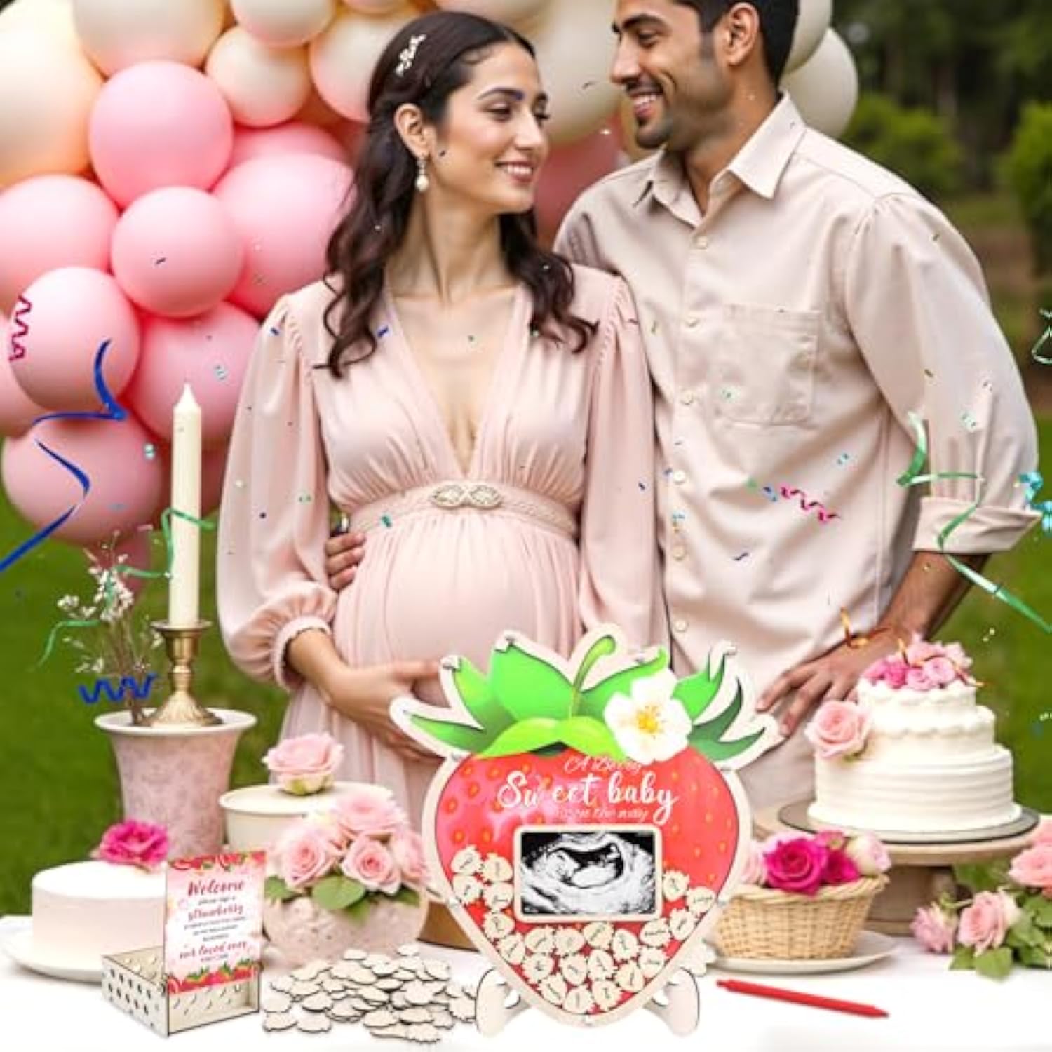 Baby Shower Guest Book Alternatives Strawberry - 63 Pcs Berry Sweet Baby Shower Decorations Guest Book - Strawberry Gender Reveal Decorations With Pen, 60 Wood Slices, Sonogram Photo Frame Keepsake For 60 Guests