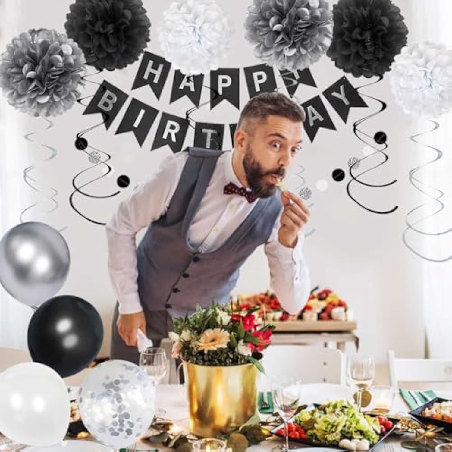 Birthday Decorations For Men, Black And Silver Happy Birthday Party Decorations, Black And White Party Supplies - Banner, Balloons, Tissue Pompoms, Swirls, Tassels Garland