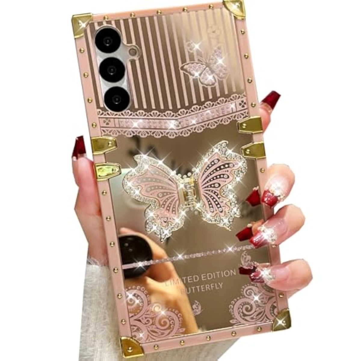 For Samsung Galaxy S25 Glitter Kickstand Case,Cute Luxury 3D Bling Sparkly Diamond Butterfly With Foldable Stand Mirror Elegant Shockproof Protective Case For Women Girls For Galaxy S25,Pink