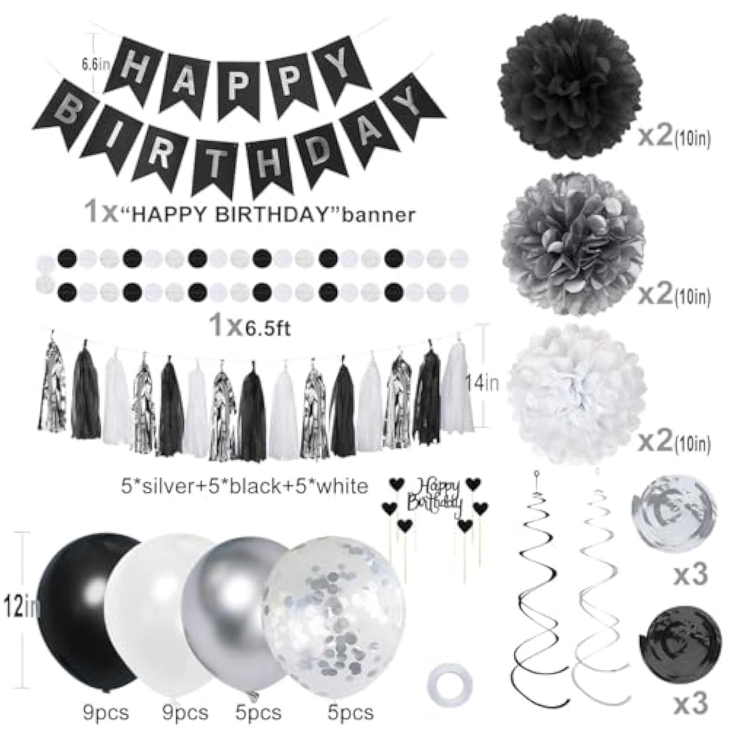 Birthday Decorations For Men, Black And Silver Happy Birthday Party Decorations, Black And White Party Supplies - Banner, Balloons, Tissue Pompoms, Swirls, Tassels Garland