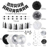 Birthday Decorations For Men, Black And Silver Happy Birthday Party Decorations, Black And White Party Supplies - Banner, Balloons, Tissue Pompoms, Swirls, Tassels Garland