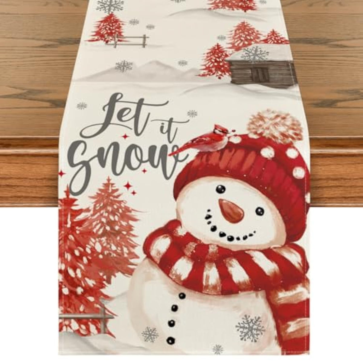 Xmas Trees Let It Snow Red Snowman Christmas Table Runner, Seasonal Winter Holiday Kitchen Dining Table Decoration For Home Party Decor 13X72 Inch