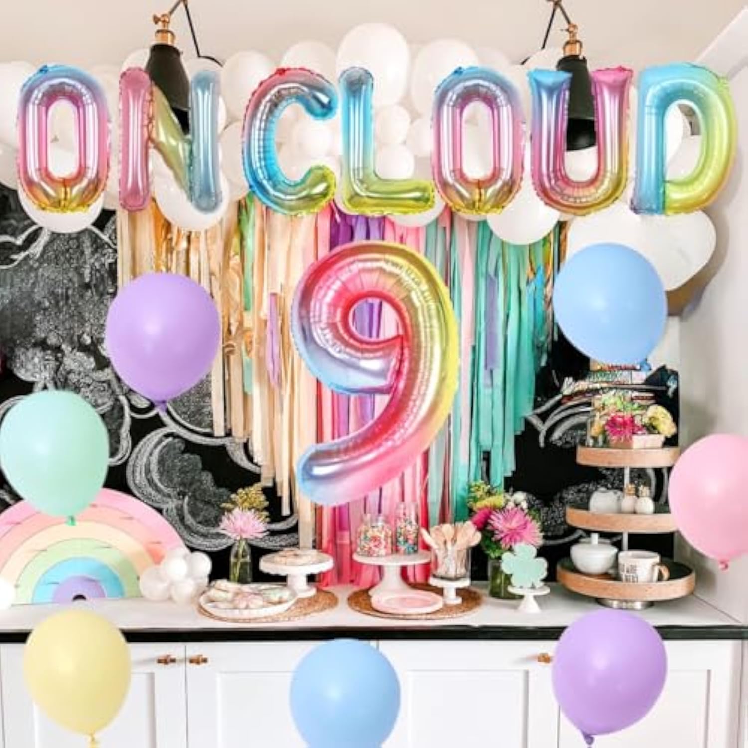 On Cloud 9 Birthday Decorations For Girls, Gradient On Cloud 9 Balloons Pastel Rainbow Balloon For Rainbow 9Th Birthday Party Supplies