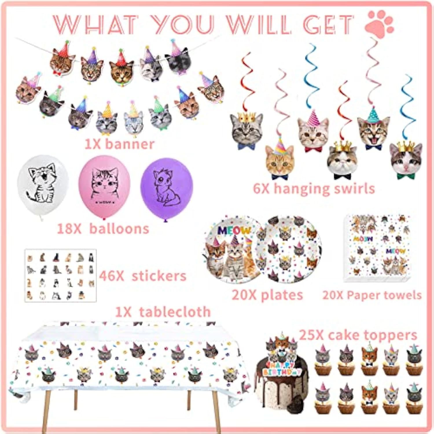 Cat Birthday Party Kit: 137-Piece Set for 20 Guests