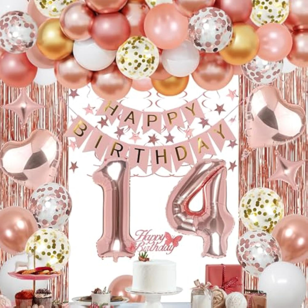 14Th Rose Gold Birthday Party Decorations For Girls, Rose Gold Happy Birthday Banner, Fringe Curtains, Heart Foil Balloons, Confetti Balloons, Cake Topper For 14Th Birthday Decorations
