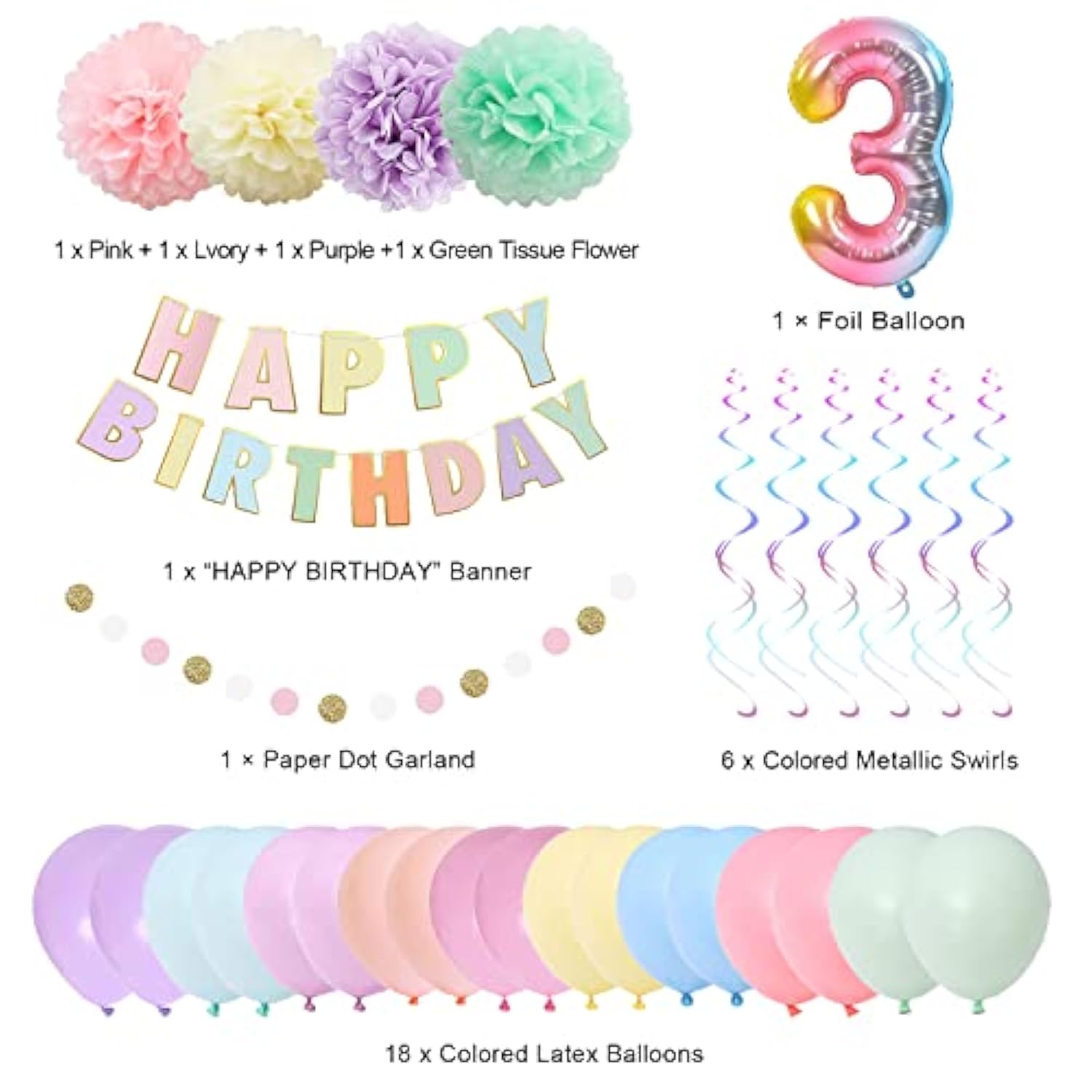 40" Rainbow Gradient Number 3 Balloon & Happy Birthday Banner 3rd Party Decor