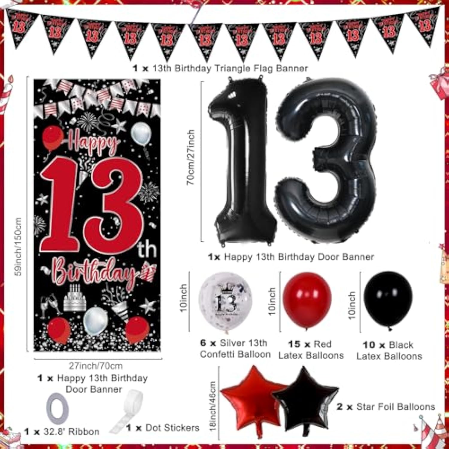 36pcs Red Black 13th Birthday Decorations with Banner, Balloons & Flags