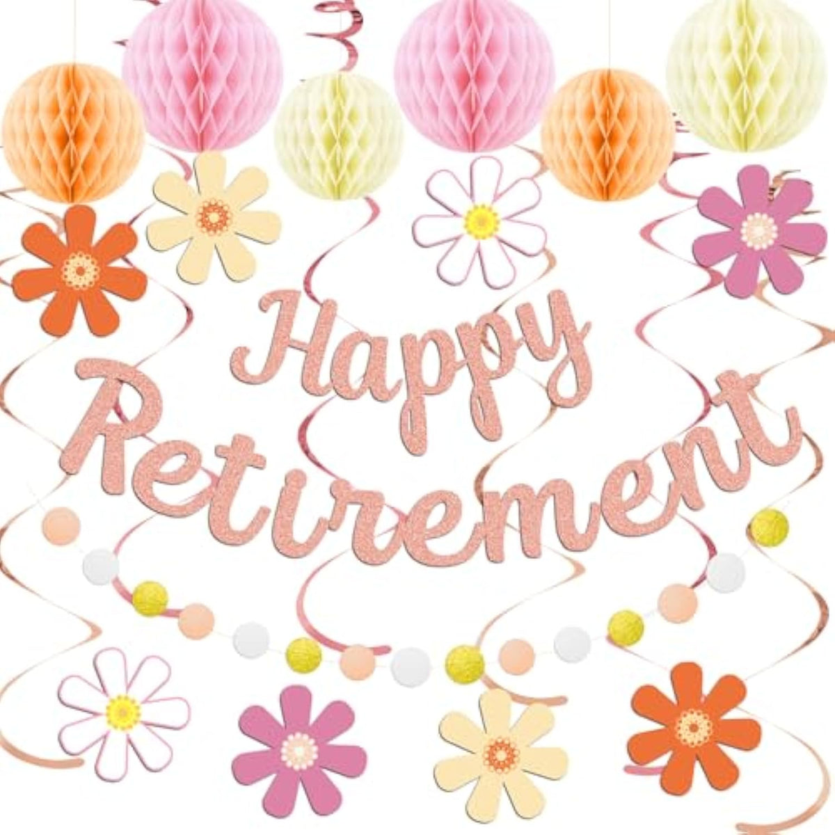 Retirement Party Decorations For Women, Rose Gold Happy Retirement Banner Female, Honeycomb Balls, Hanging Swirl,Retired Parties Supplies