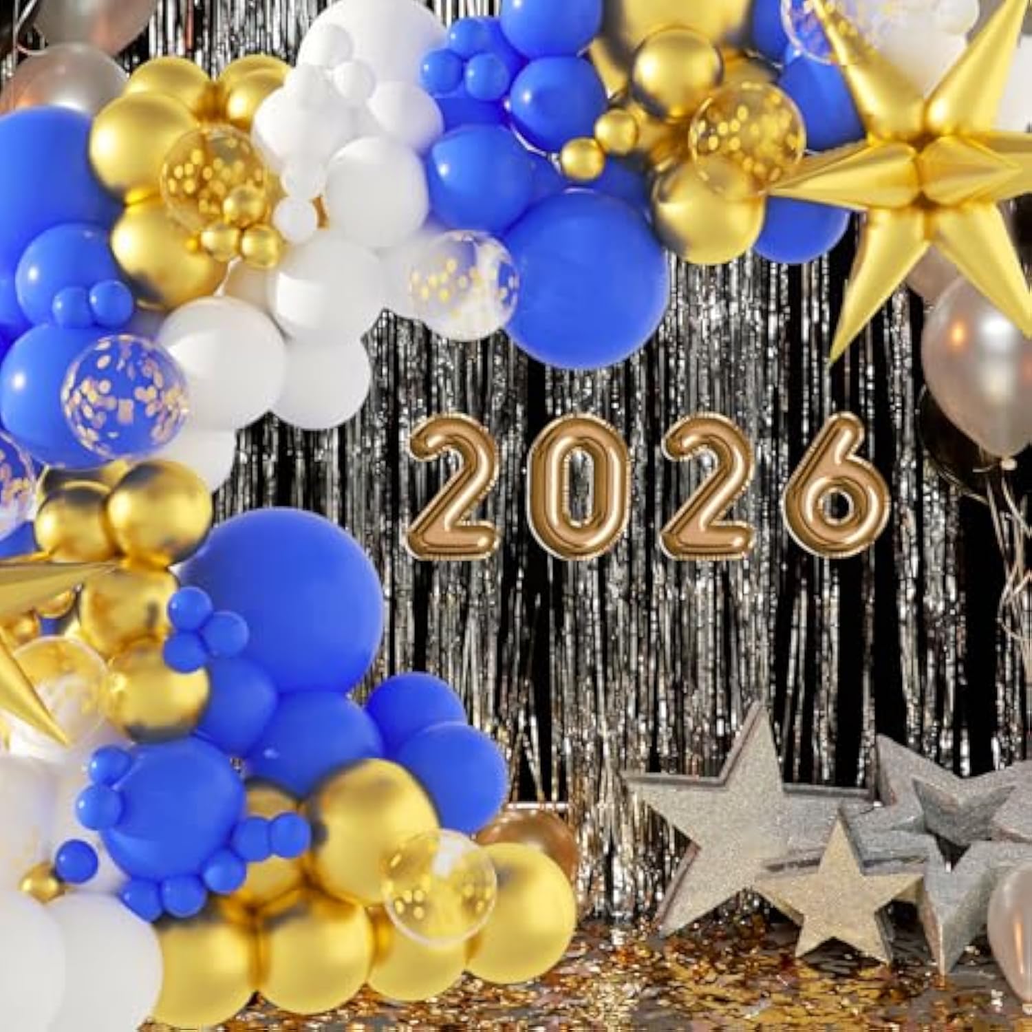 2026 New Year Balloon Arch Kit with Blue, Gold, White, and Confetti Balloons