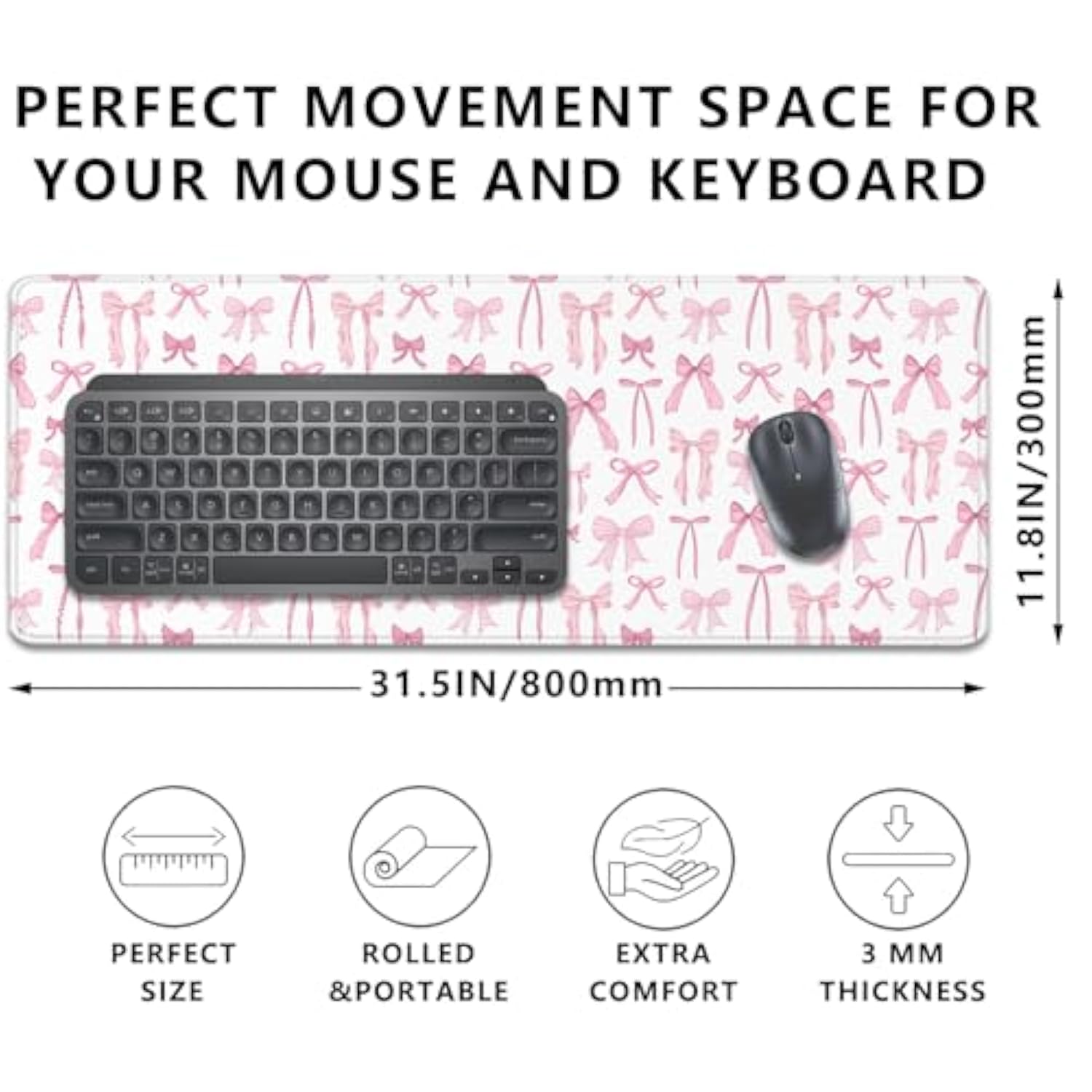 Pink Bow Mouse Pad Desk Pad,Extended Large Mouse Mat With Stitched Edge,Non-Slip Rubber Base Keyboard Desk Pad For Home Office Work Gamer Desk Mat(31.5X11.8 In)
