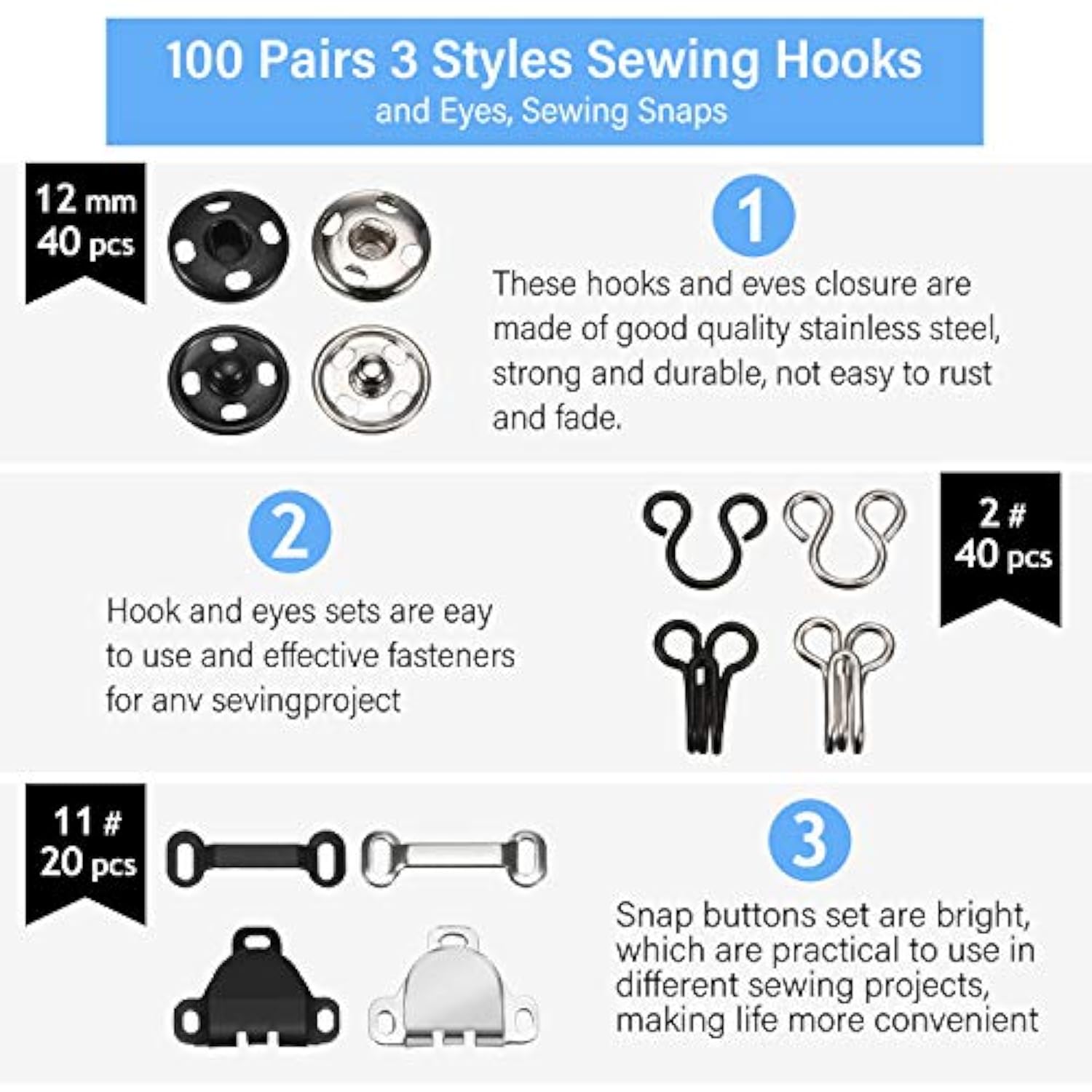 100 Pairs 3 Styles Skirt Sewing Hooks And Eyes, Sewing Snaps Kit Hook
