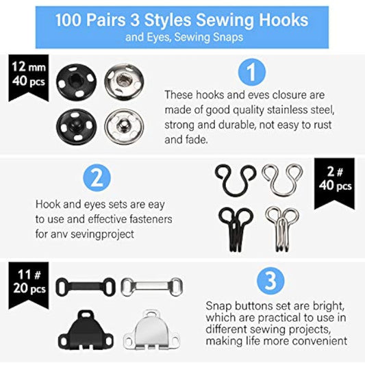 100 Pairs 3 Styles Skirt Sewing Hooks And Eyes, Sewing Snaps Kit Hook